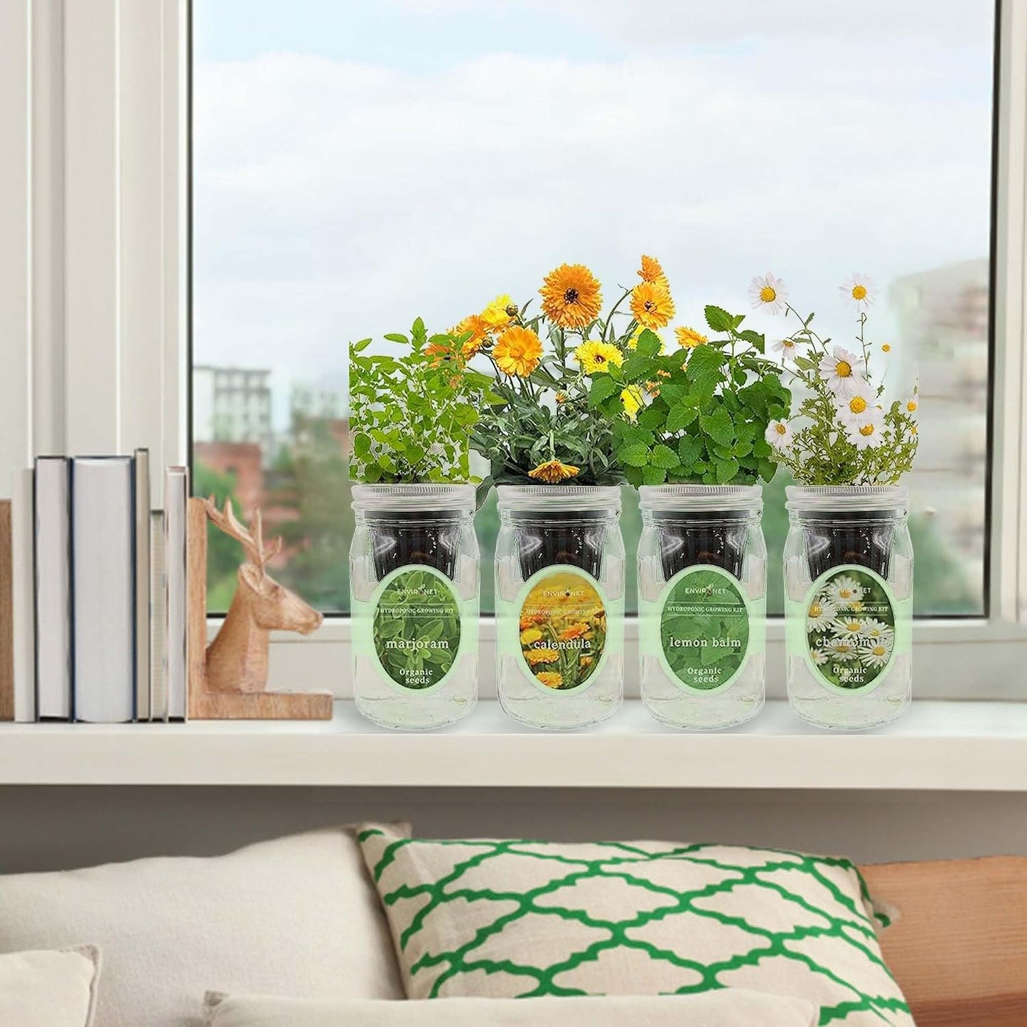 Hydroponic Herb Growing Kit Set, Self-Watering Mason Jar Herb Garden Starter Kit Indoor, Grow 4 Kinds of Herbs from Seeds (Calendula,Chamomile,Lemon Balm&Marjoram)