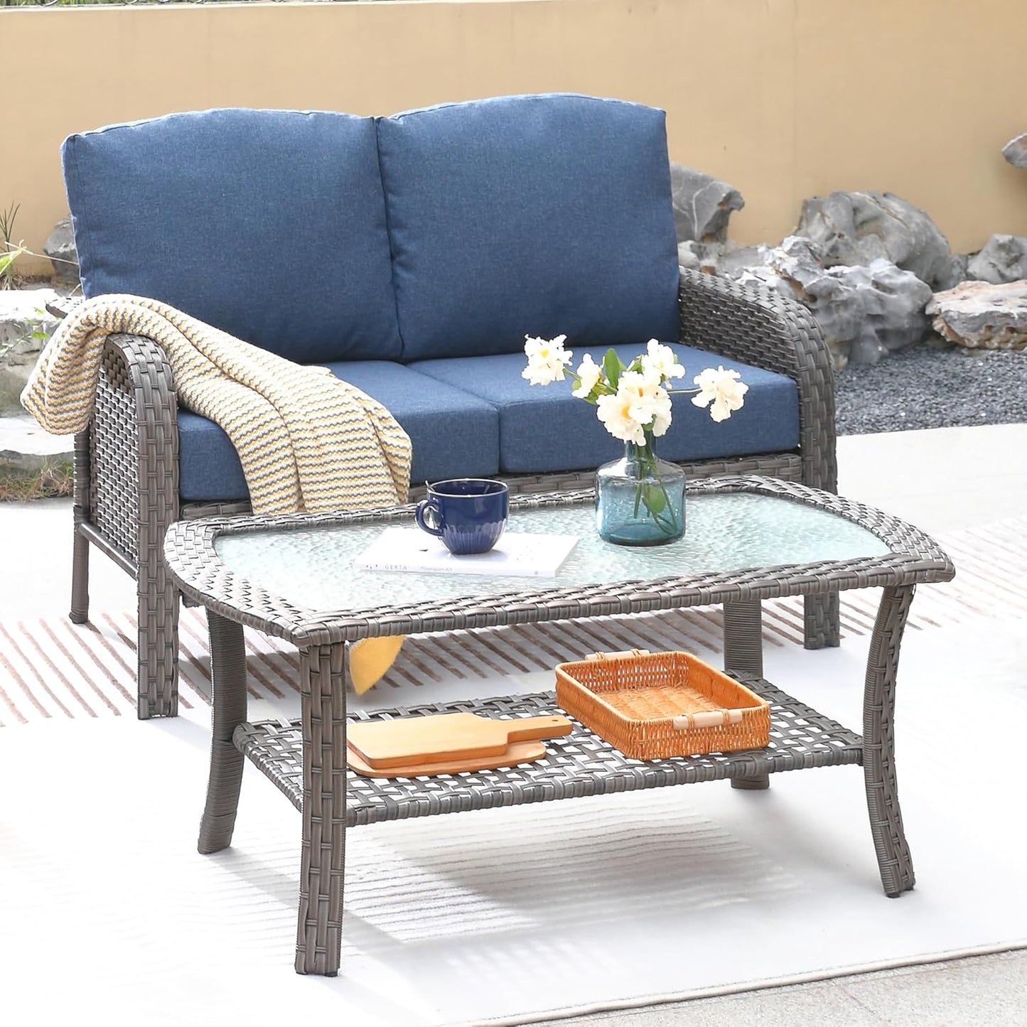 ovios 2 Pieces Patio Furniture Set, Outdoor Wicker Sofa with Glass Coffee Table, All Weather High Back Rattan Loveseat Couch 2 Seats with Comfy Cushions, Denim Blue