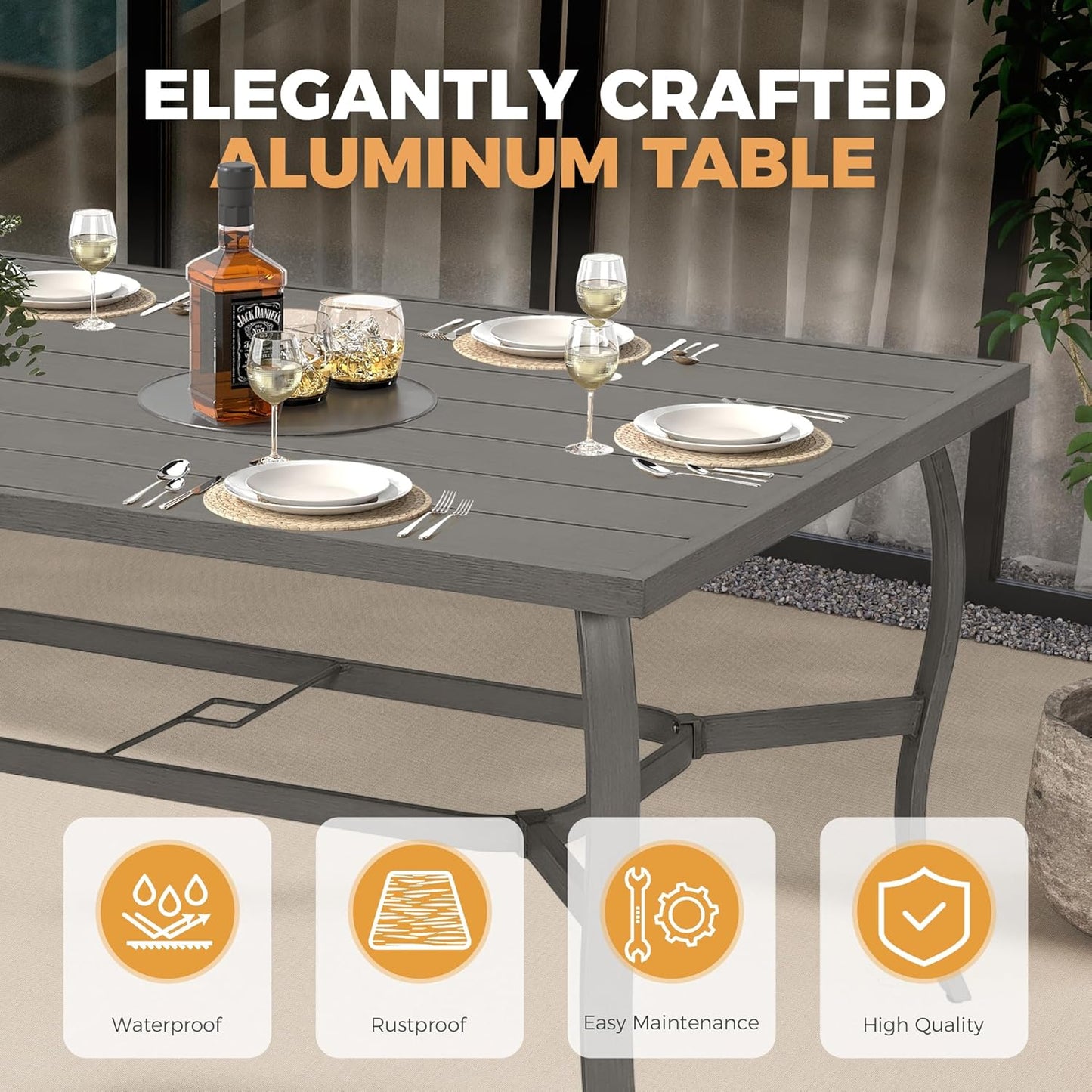 HAPPATIO Outdoor Dining Table for 6, Aluminum Rectangle Outdoor Dining Table with Umbrella Hole, All-Weather Aluminum Patio Dining Table for Garden Yard Poolside, Only Table, Grey