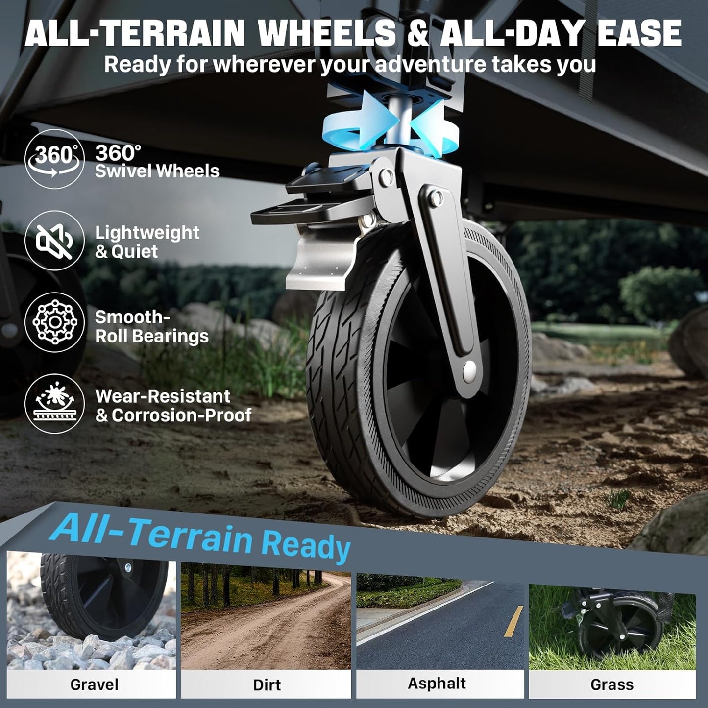 Folding Wagon Cart Foldable with Wheels, Adjustable Double Decker 150L-300L Capacity, All-Terrain Wheels & Brake, 450LBS Heavy Duty Collapsible Wagon for Beach, Camping, Outdoor