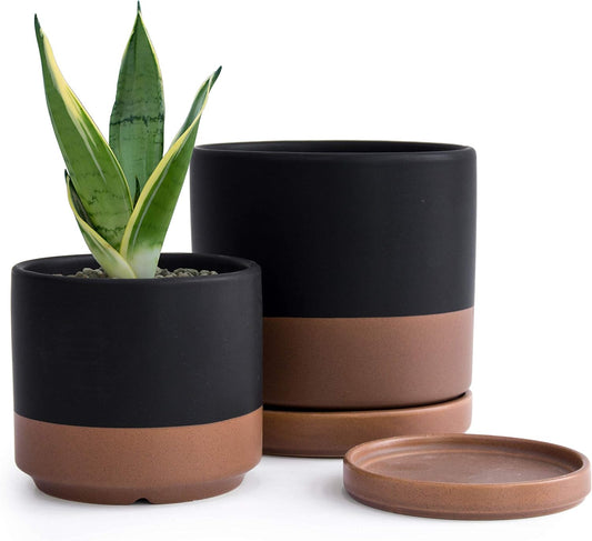 D'vine Dev 4.6 Inch & 6 Inch Ceramic Planter Pots for Plants with Drainage Hole and Saucer, Small Plant Pots Set, Black/Speckled Tan, 94-G-S-7
