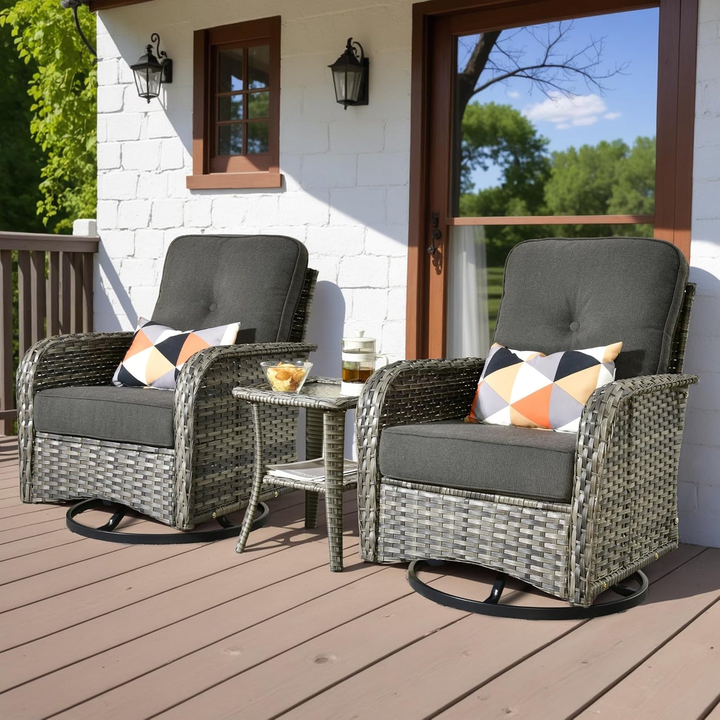 HOOOWOOO Patio Furniture Set,3 Pieces Outdoor Conversation Set,All Weather Wicker High Back Swivel Chairs Bistro Set with Side Table,Black