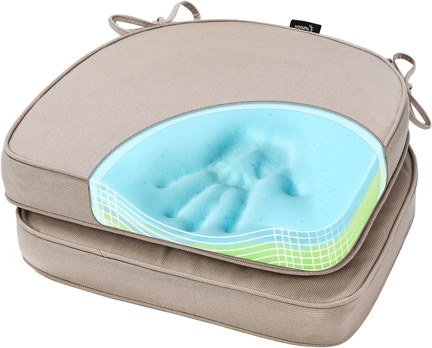 SUNROX Gel Memory Foam Chair Cushions, FadeShield Water-, Stain-Resistant Durable Reversible Seat Cushion Pads with Ties for Indoor/Outdoor Kitchen Dining Office 17"x16" Set of 2, Husk Birch