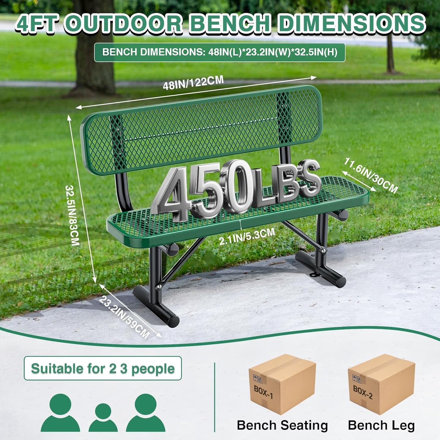 4FT Heavy Duty Park Bench with Back Portable Frame, Outdoor Metal Park Bench with Backrest, Steel Mesh Outdoor Bench for Garden, Lawn, Patio, Porch, Park, Yard, Green