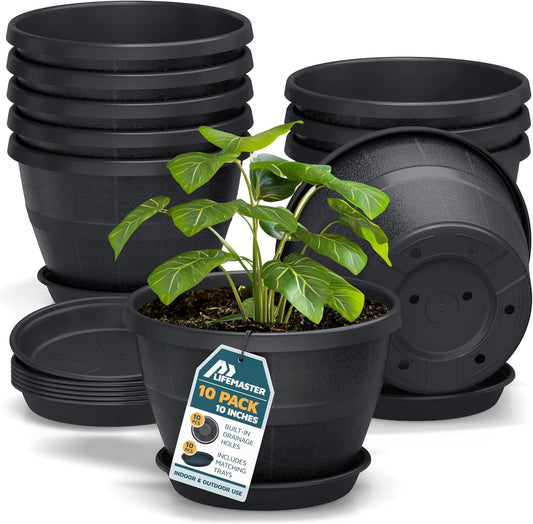 10-Inch Whiskey Barrel Planters Outdoor Pack of 10 - Durable Plastic Plant Pots for Indoor & Outdoor Use with Drainage & Saucer, Lightweight Rustic Barrel Planters for Flowers, Herbs & Small Plants