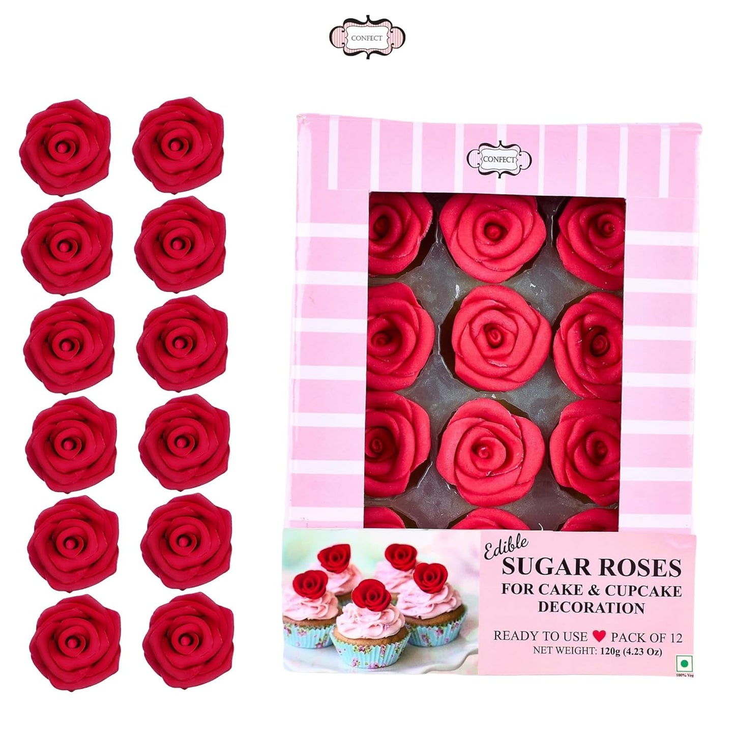Confect Edible Neon Pink Roses – 12-Pack Edible Roses for Cake Decoration – Bold Floral Toppers for Desserts- Vegan, Gluten-Free, Nut-Free, Soy-Free, Dairy-Free, Palm Oil-Free