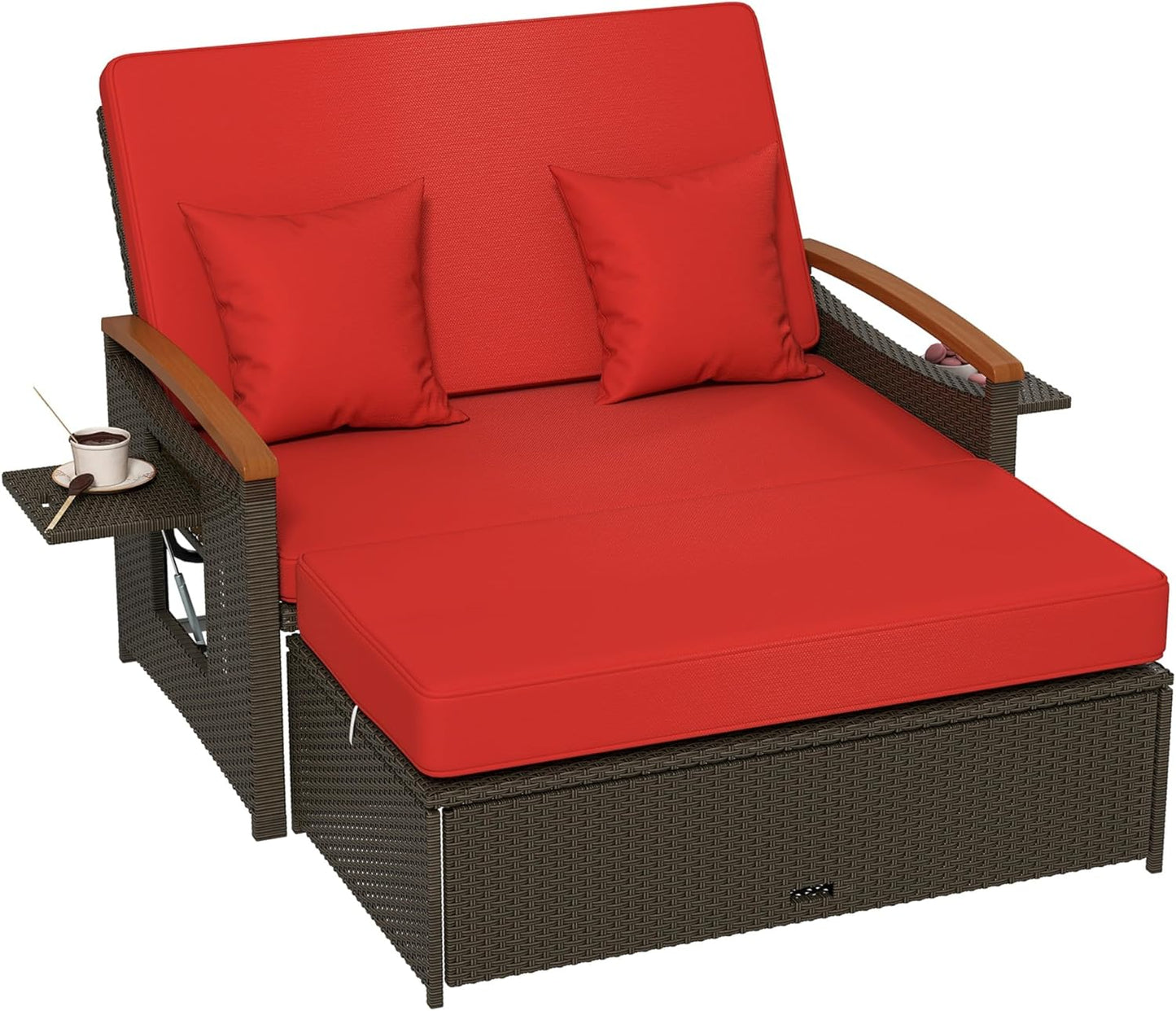 Tangkula Patio Rattan Daybed Set with Cushioned Loveseat and Storage Ottoman, Outdoor Double Chaise Lounger with 4-Level Adjustable Backrest and Retractable Side Trays for Backyard (Red)