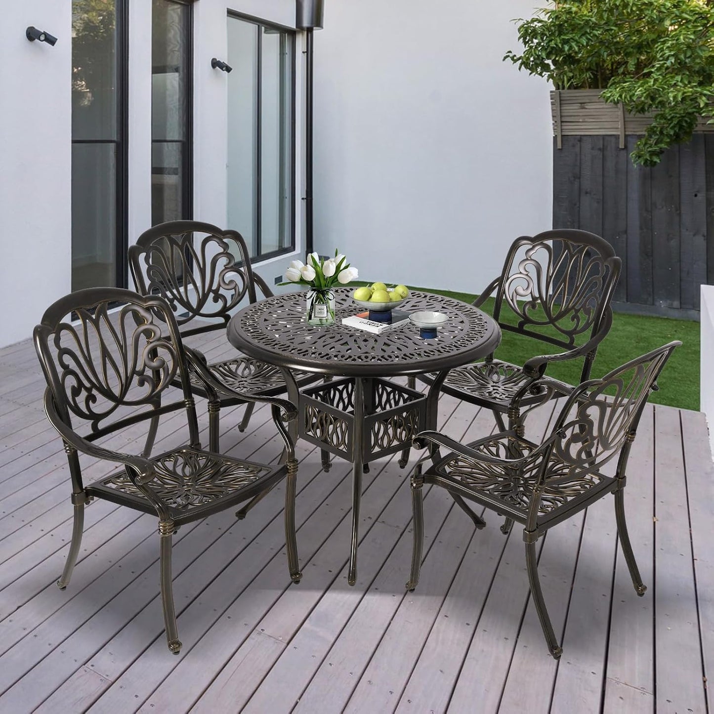 Cast Aluminum Outdoor Patio Dining Set, All Weather Outdoor Furniture Dining Set for Patio, Balcony, Lawn, Garden, Backyard (1 Round Table+4 Dining Chairs)