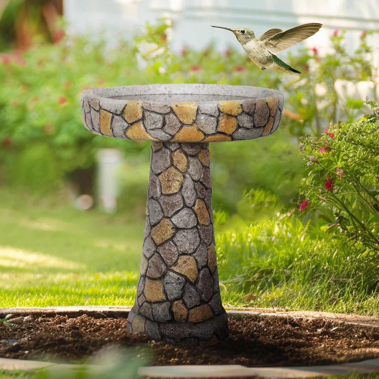 Outdoor Bird Bath - 24" H * 18.8" Φ Mosaic Stone Design BirdBath Perfect for Adding Interest to Your Garden, Patio, Backyard, Porch