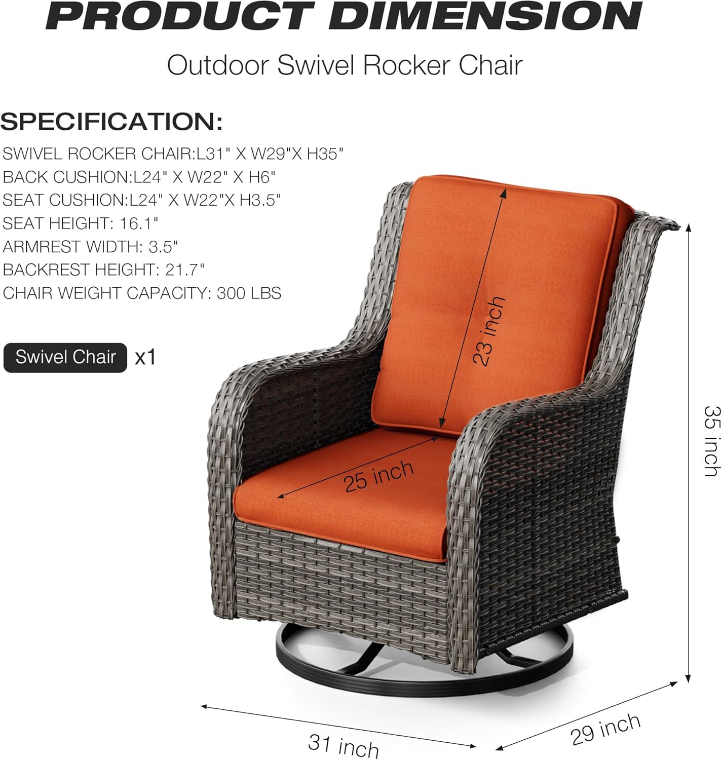 Joyside Outdoor Swivel Rocker Patio Chair - Outdoor Wicker Glider Rocking Chair with Olefin Fabric Cushions Suitable for Porch Deck and Backyard(Mixed Grey/Orange)