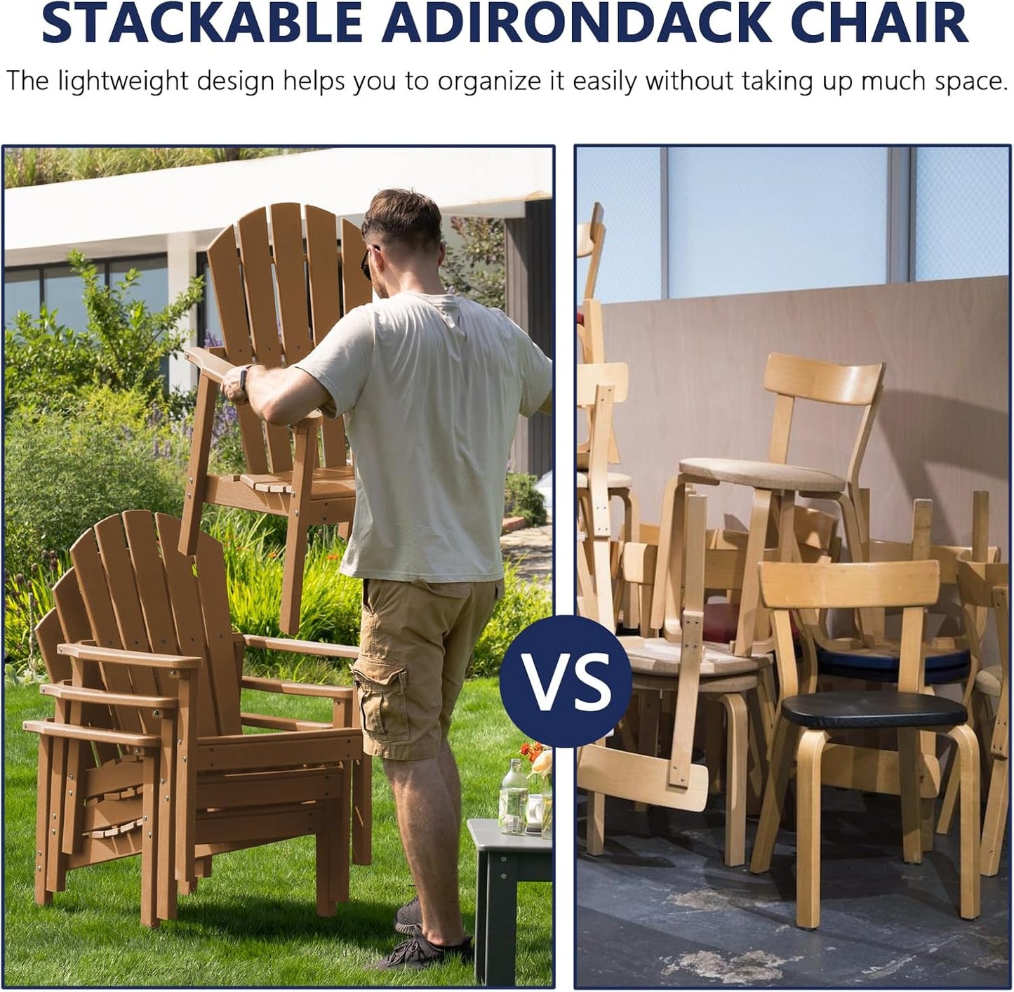 Stackable Adirondack Chair, HDPE Outdoor Patio Chair - Durable and Space Saving, Suitable for Porches, Lawns or Garden, Teak