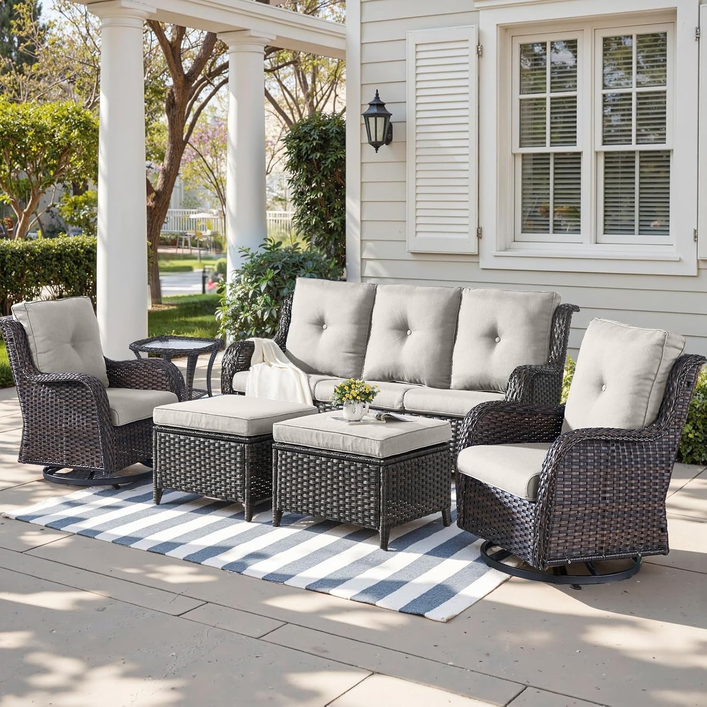 Outdoor Wicker Patio Furniture Set - 6 Piece Rattan Patio Conversation Set with 2 Rocking Swivel Chairs,2 Ottomans,1 Sofa and 1 Side Table for Porch Deck Backyard Garden(Brown/Beige)