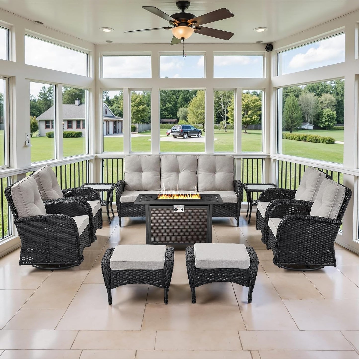 Expansive 10 Pieces Outdoor Patio Furniture Set with 43” Propane Fire Pit Table, Patio Conversation Set with Swivel Rocker Outdoor Chairs Set of 4 and Sofa, Ottoman and Wicker Side Table Black