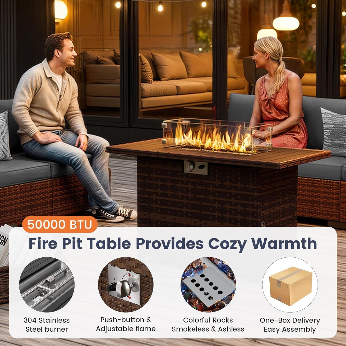 UDPATIO Patio Furniture Set with Fire Pit Table, 8 Piece Outdoor Sectional Modular Sofa, Wicker Outdoor Furniture Conversation Sets with Waterproof Cover for Backyard Deck (Brown/Dark Grey)