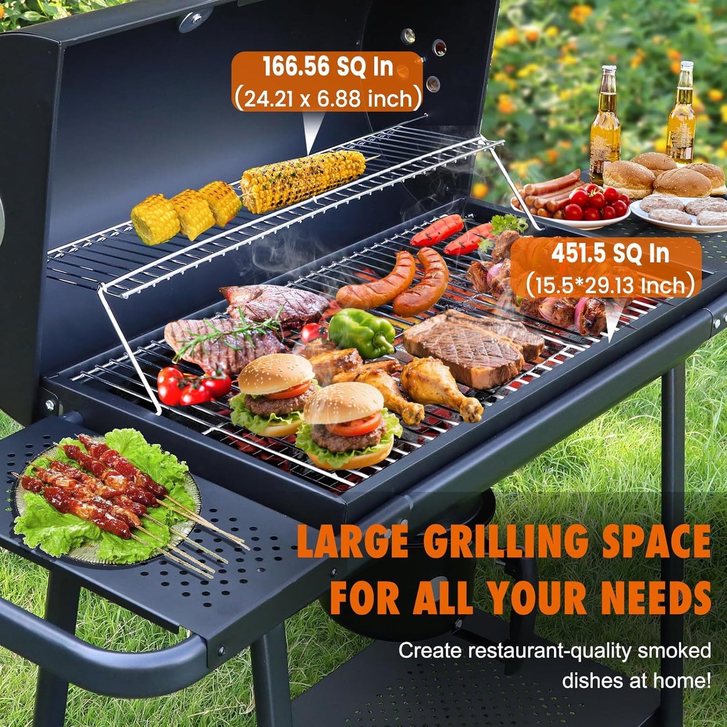 Realcook BBQ Barrel Charcoal Grill: Spacious Premium Outdoor Barbecue Grills with Side Tables - Perfect for Outdoor Cooking Backyard Grilling Patio Tailgating Camping Picnic and Party