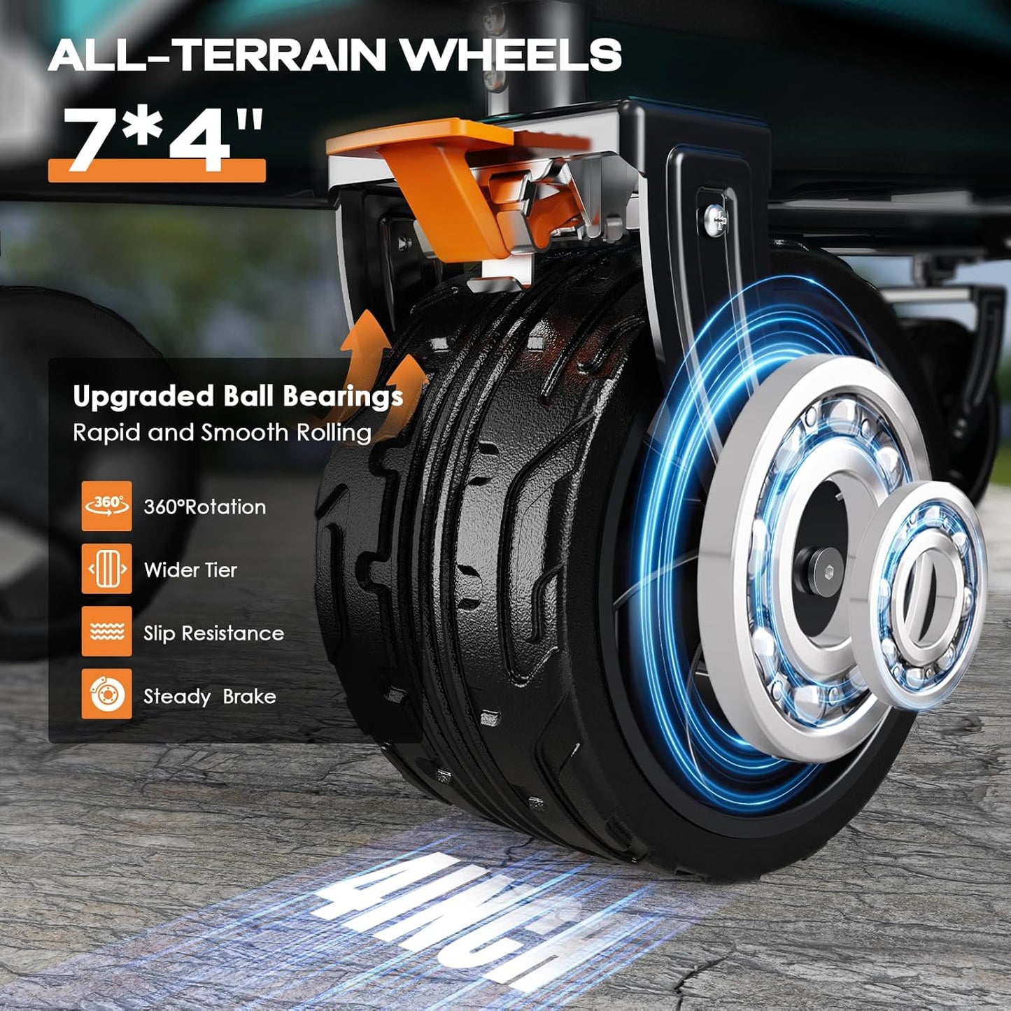 Collapsible Wagon Cart Heavy Duty Foldable, Folding Beach Wagon with Big Wheels for Sand, Utility Grocery Cart with Side Pocket and Brakes for Sports Outdoor Activities, Light Blue