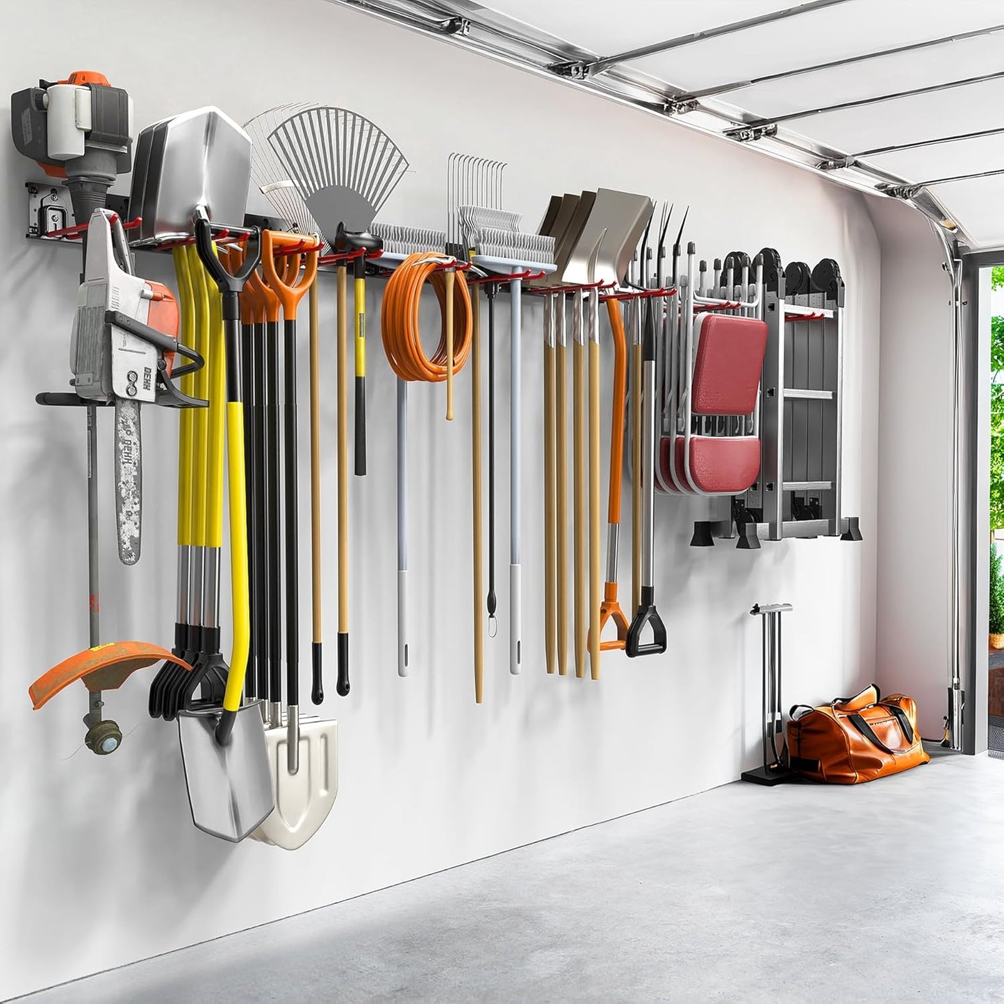 TORACK Garden Tool Organizer Wall Mount, Garage Folding Chair Storage Rack, Tools Rack for Shovels, Rakes, Broom, Ladders, Hooks for Keyhole Style Shelving Unit