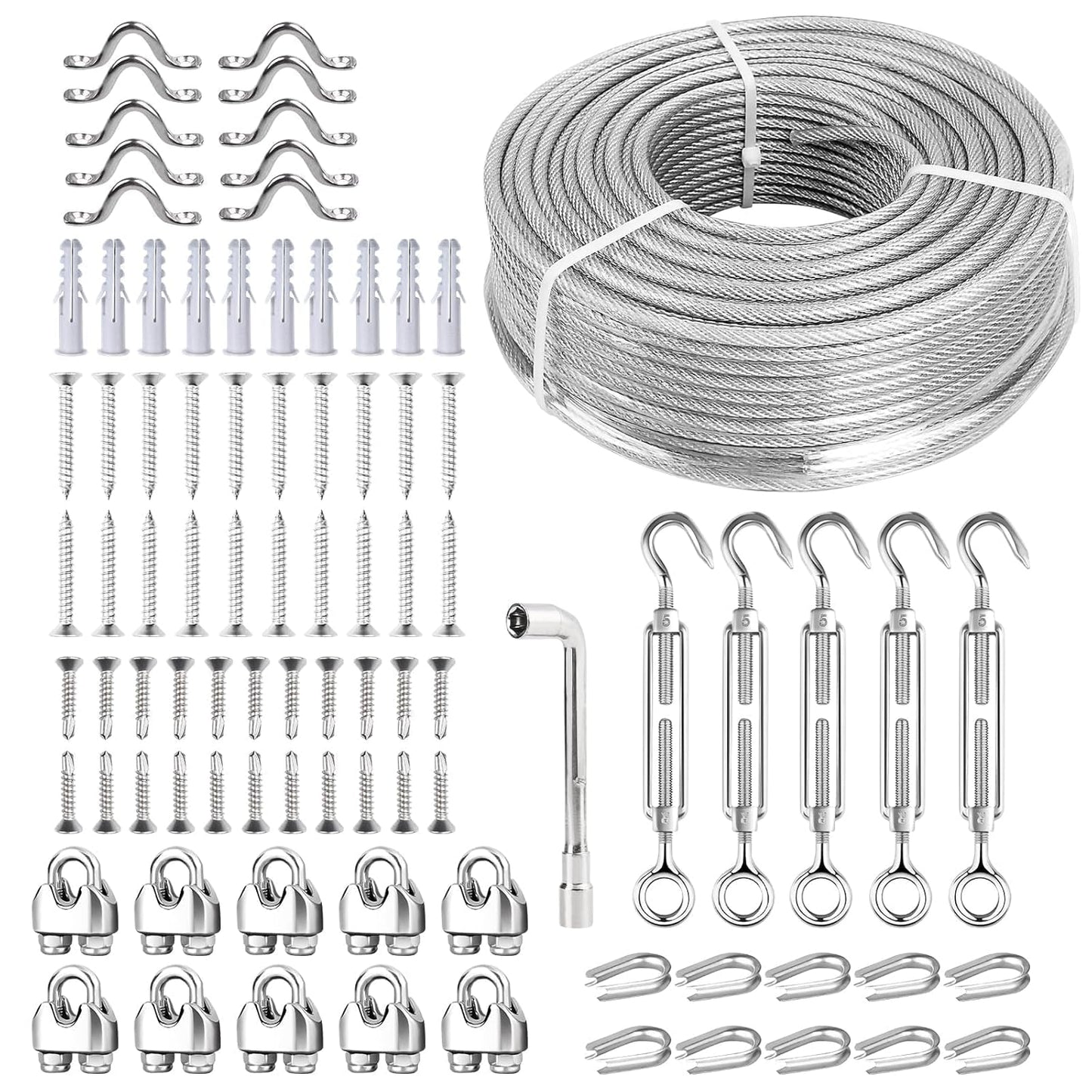 3/16 Wire Rope Kit, 165ft Vinyl Coated Galvanized Steel Cable with M5 Turnbuckles for Cables Wire, Rope Clamp & Thimble, 7X7 Strand Aircraft Cable for Anchored Shed, Fencing, Sunshade