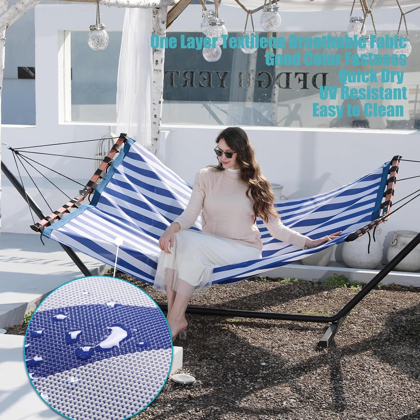 TegerDeger 12FT 2 Person Hammock Large Hammock Quick Dry 450LB Capacity with V Shaped Hardwood Spreader Bar & Nylon Rope for Outside, Patio, Garden, Backyard, Beach, Poolside - Blue Stripes