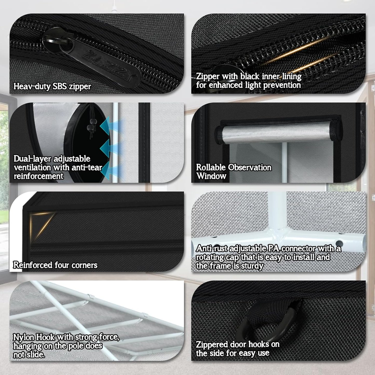 zazzy 4x8 Grow Tent, 96"x48"x72" Roof Cube Indoor Plant Grow Tents with Observation Windows, Lightproof Roof Cube Mylar Hydroponic Growing Tent with Floor Tray Plant Growth