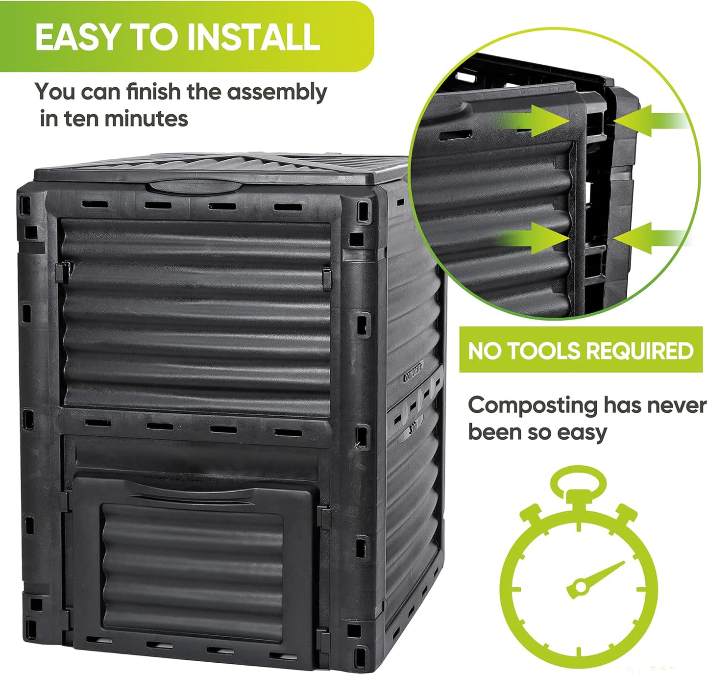 JupiterForce Garden Compost Bin 80 Gallon (300 L) from BPA Free Material, Large Composting Bin Outdoor Composter, Easy Assembling, Fast Creation of Fertile Soil, Lightweight, Black