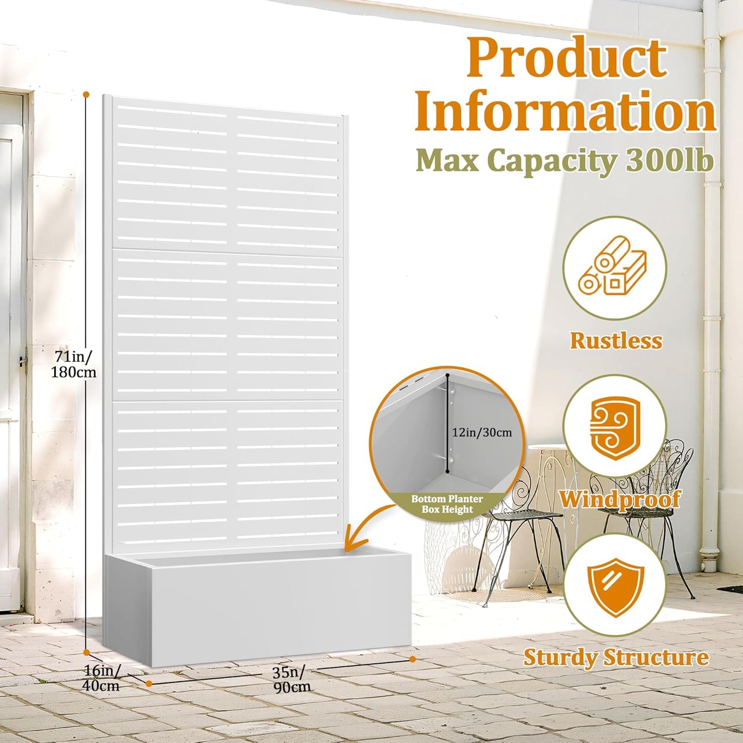 Metal Planter Box with Trellis, Heavy-Duty Raised Garden Bed for Climbing Plants, Drainage Hole, Outdoor Planter Box with Privacy Screen，35''L×16''W×71''H