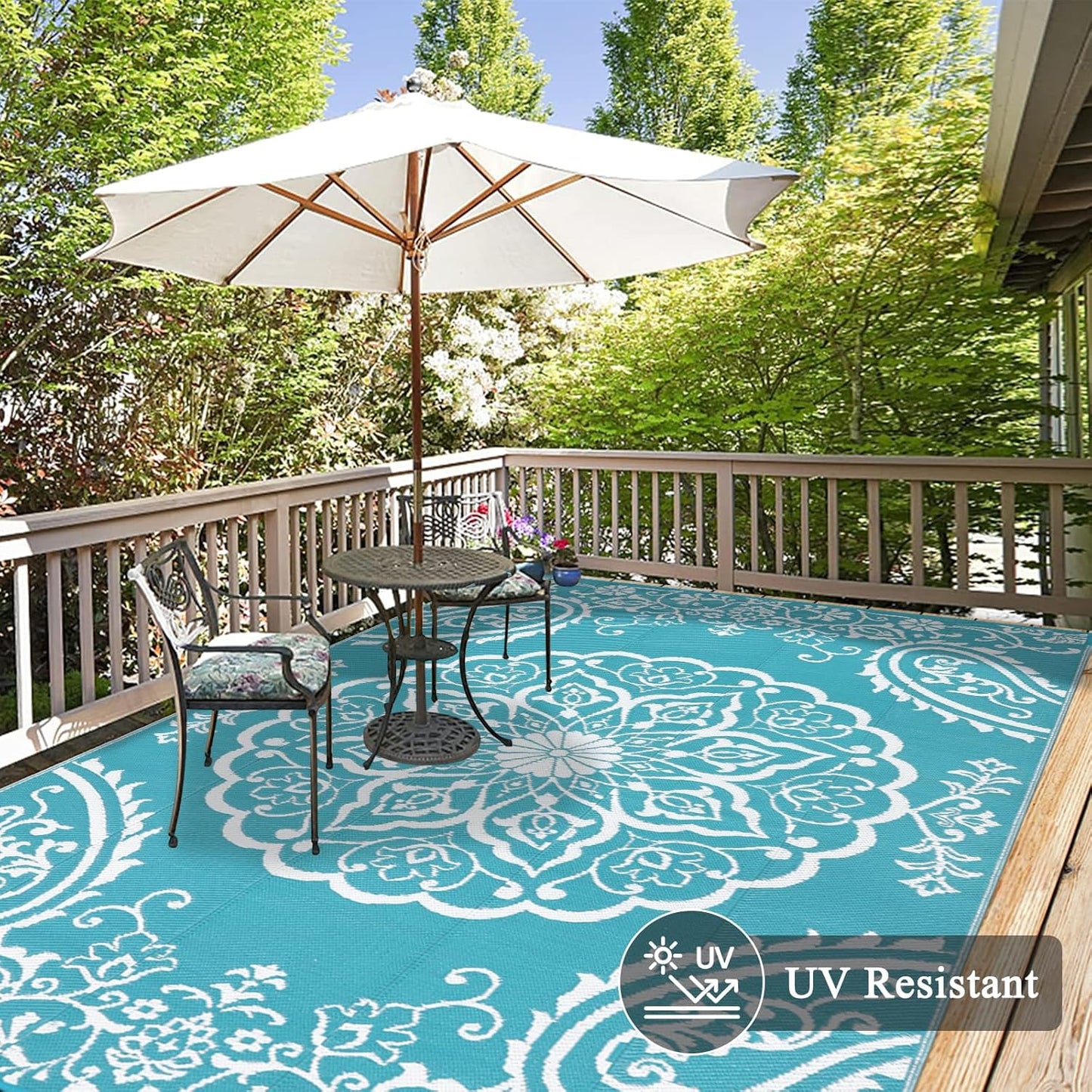 Pauwer Waterproof Outdoor Rug 8x10, Reversible Plastic Straw Patio Camping Rug, Indoor Outdoor RV Mat Carpet for Deck, Camper, Porch, Balcony, Backyard, Picnic, Boho Teal