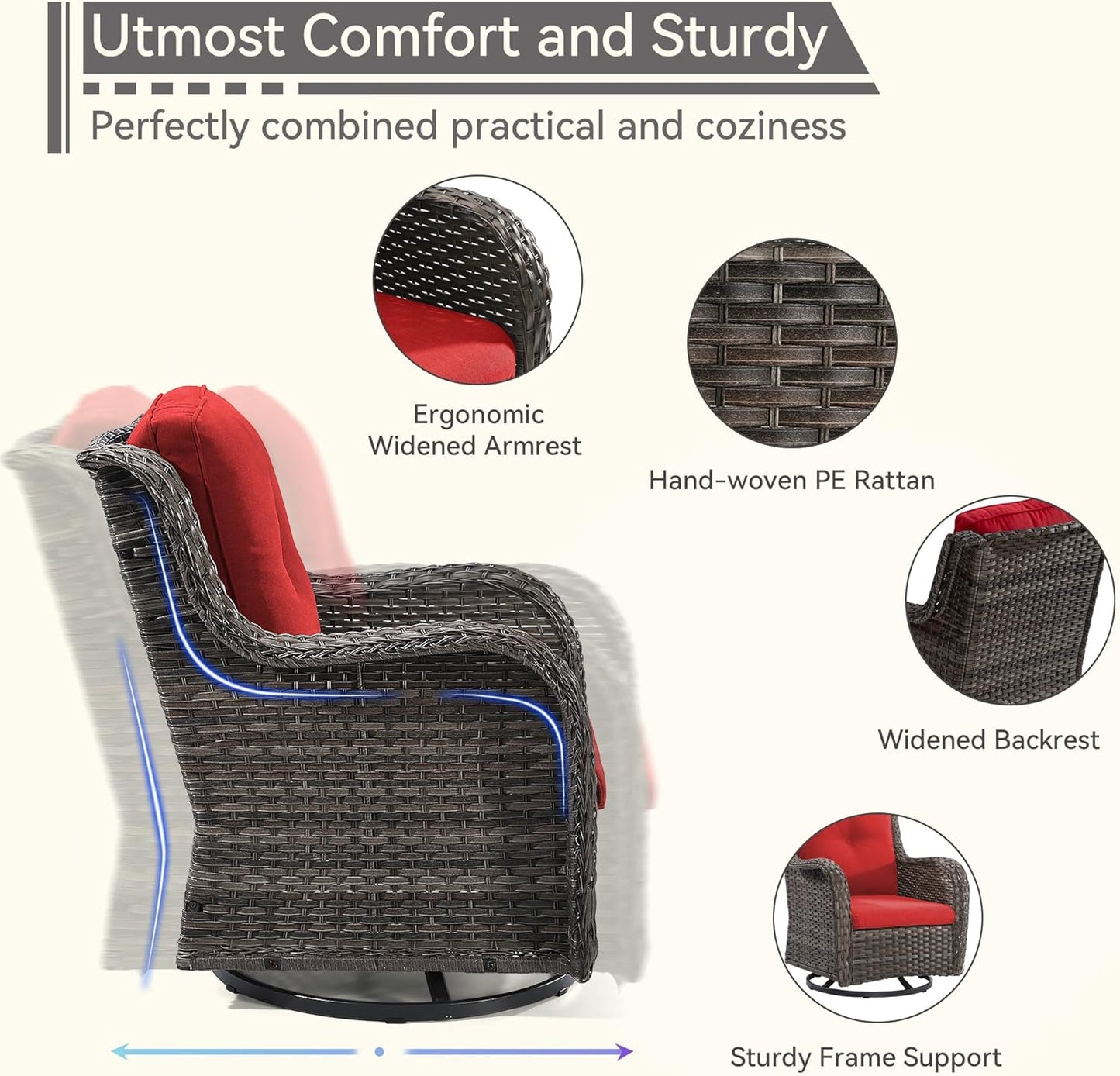 Outdoor Swivel Rocker Patio Chairs Set of 2 - Outdoor Wicker Patio Conversation Sets 2 Pieces with Olefin Fabric Cushions Suitable for Backyard Deck and Porch, Red