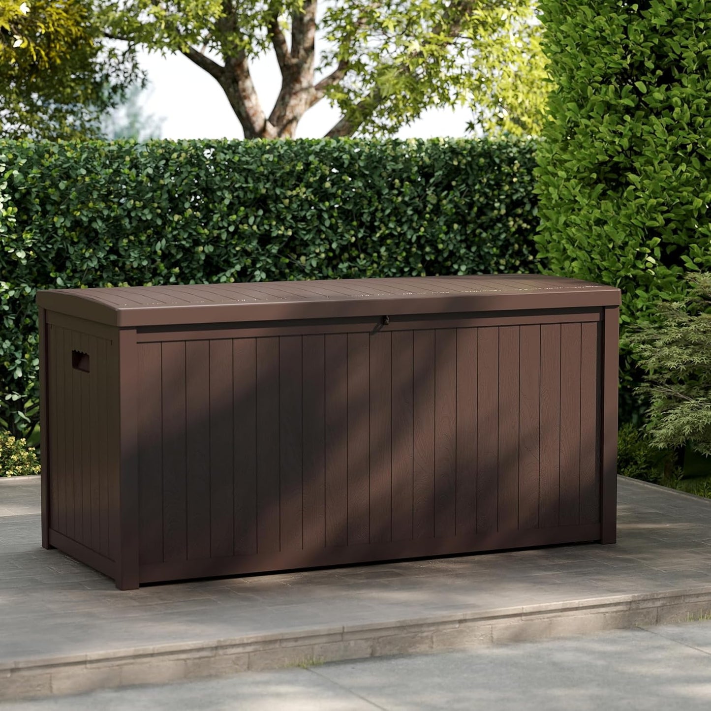 Outdoor Storage Box, 120 Gallon Deck Box Indoor and Outdoor Use, Waterproof Resin Storage Bin for Patio Cushions, Gardening Tools, Lockable, UV Resistant, Brown