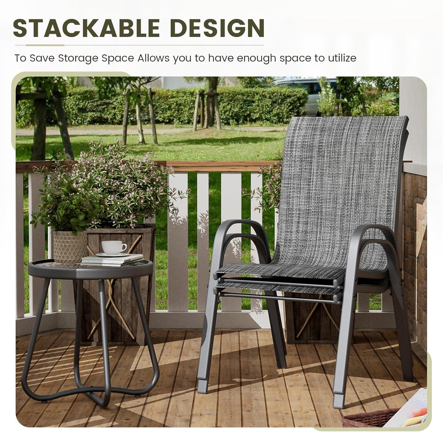UDPATIO Patio Dining Set of 3, Outdoor Table and Chairs Set with Glass Table, 2 Stackable Patio Chairs with High Back, Outdoor Furniture Sets for Deck Garden Backyard Lawn Poolside (Dark Grey)