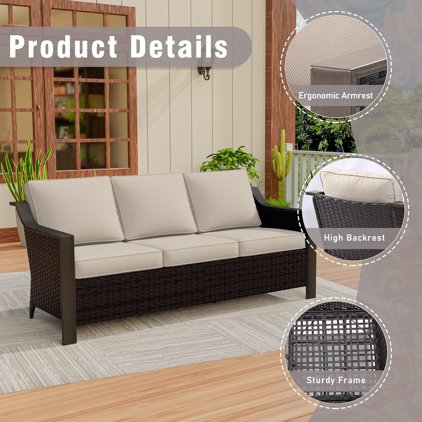 3 Piece Wicker Patio Conversation Set, All-Weather Use Outdoor Wicker Sofa with 2 PE Rattan Chair, Removable Water-Resistant Cushion, Ideal for Porch, Backyard, Balcony, Poolside, Beige