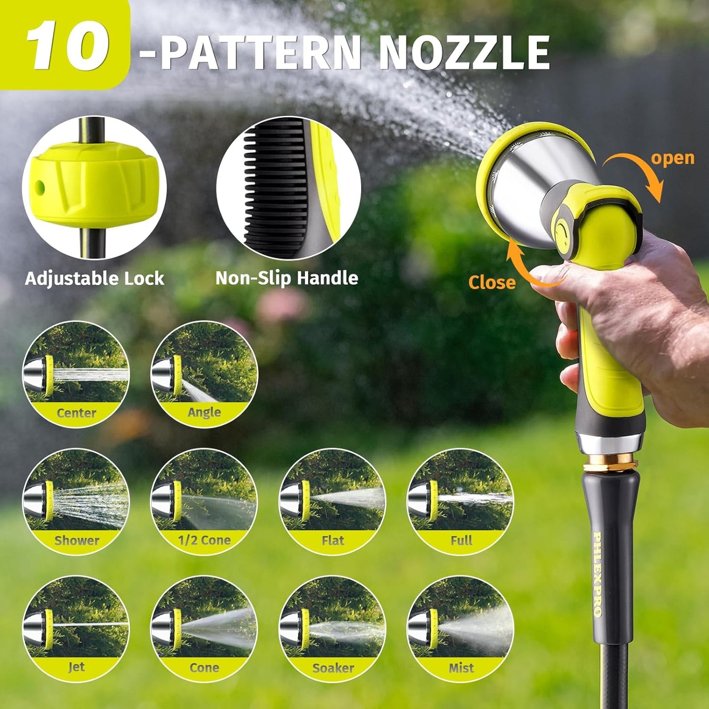 Garden Hose 50FT with 10 Pattern Spray Nozzle - PHLEX PRO Heavy-Duty Premium 5/8'' Rubber 3-Layer Water Hose - Innovation Flexible Hybrid Lightweight Water Hose, Full Brass Fittings (RyobiGreen)