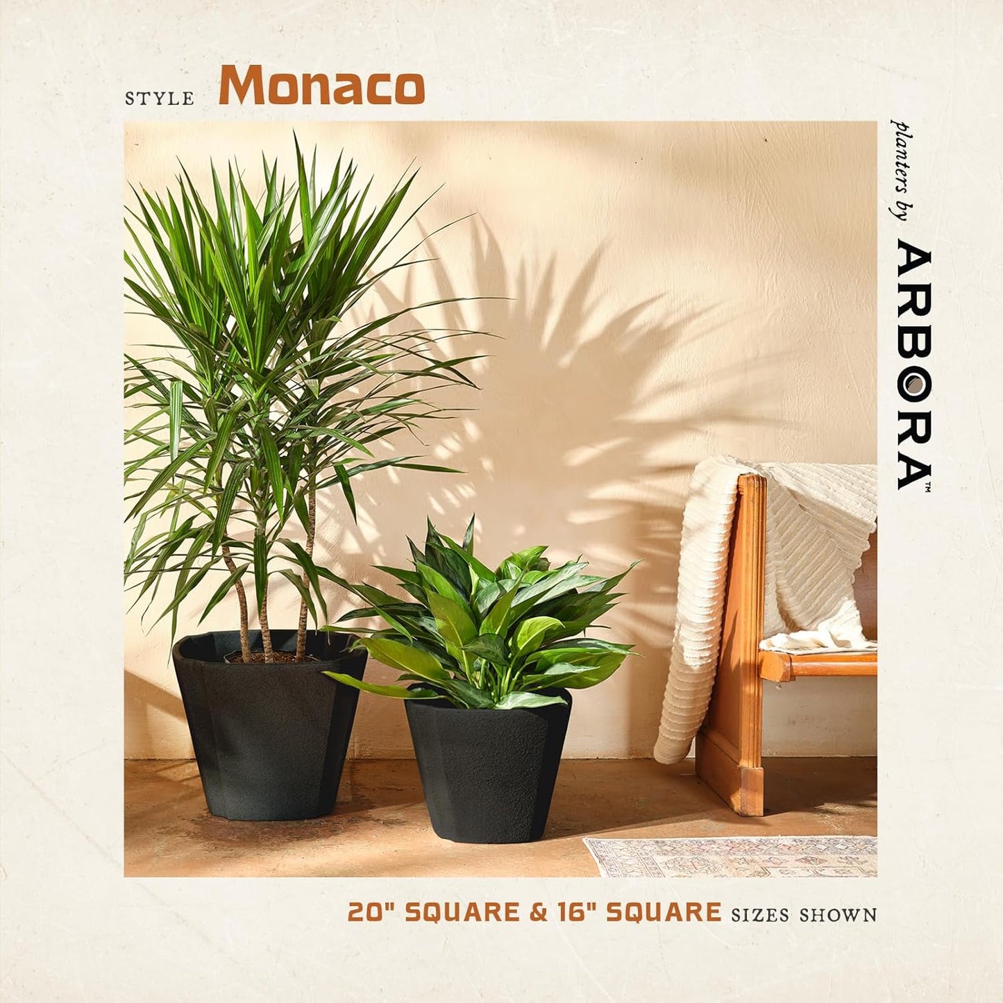 ARBORA 16" Monaco Square Polyresin Indoor and Outdoor Planter with Classic Black Finish - Durable, Weatherproof, Lightweight, Large Plant Pot for Patio, Garden, Deck, Entryway