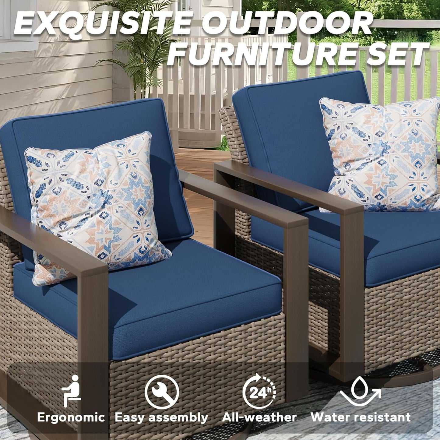 Outdoor Swivel Rocker Metal Chairs Set of 2 with Small Coffee Table - 3 Pieces Patio Bistro Set with Rectangular Framed Wood-Looking Metal Armrest, 360 Degree Glider Chairs, Dark Blue