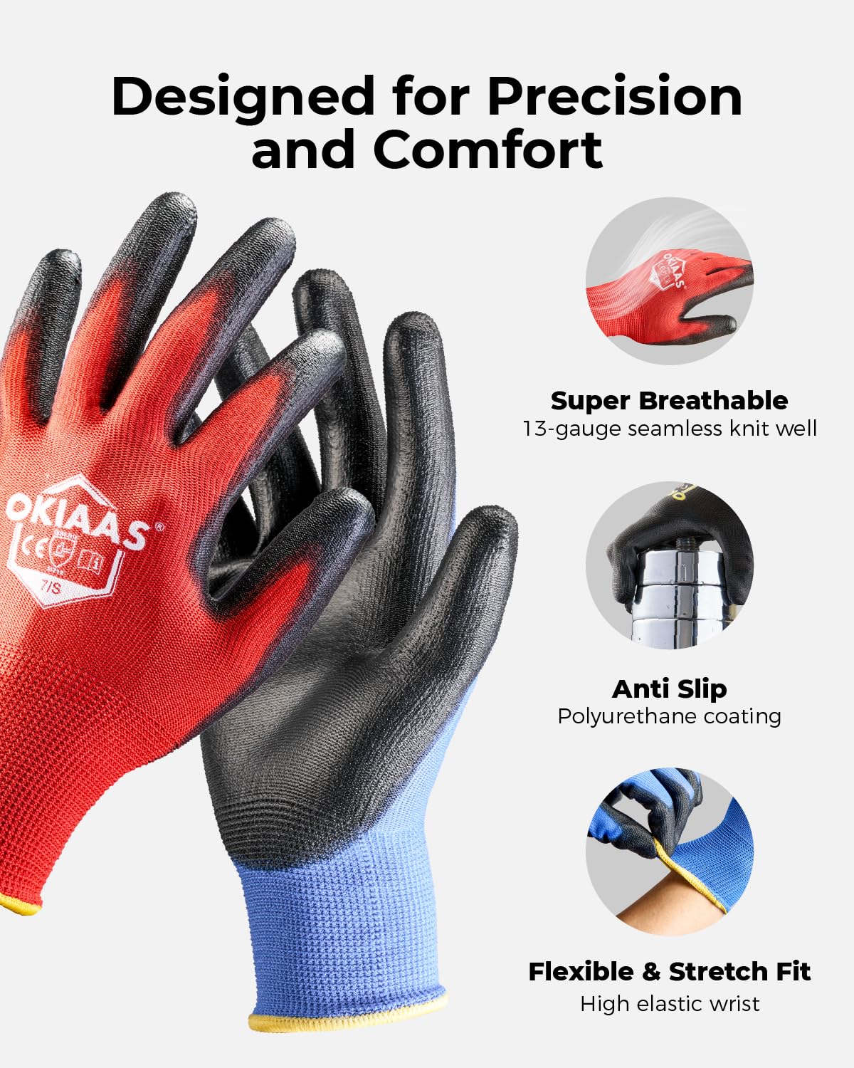 OKIAAS Work Gloves for Men，Ultra Thin and Lightweight Working Gloves with Grip, 12 Pairs Bulk Pack Construction Gloves with Polyurethane Coating, Safety Gloves for Light Duty Work (Blue, X-Large)