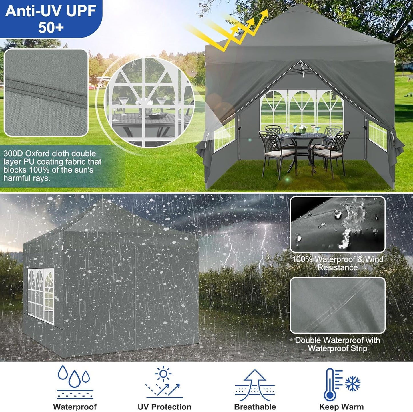 COBIZI 10x10 Pop up Canopy Tent Heavy Duty with 4 Sidewalls, Easy Set-up Commercial Outdoor Party Tent, 100% Waterproof Wedding Canopy Gazebo, 3 Height Adjustable with Wheeled Bag,Dark Gray