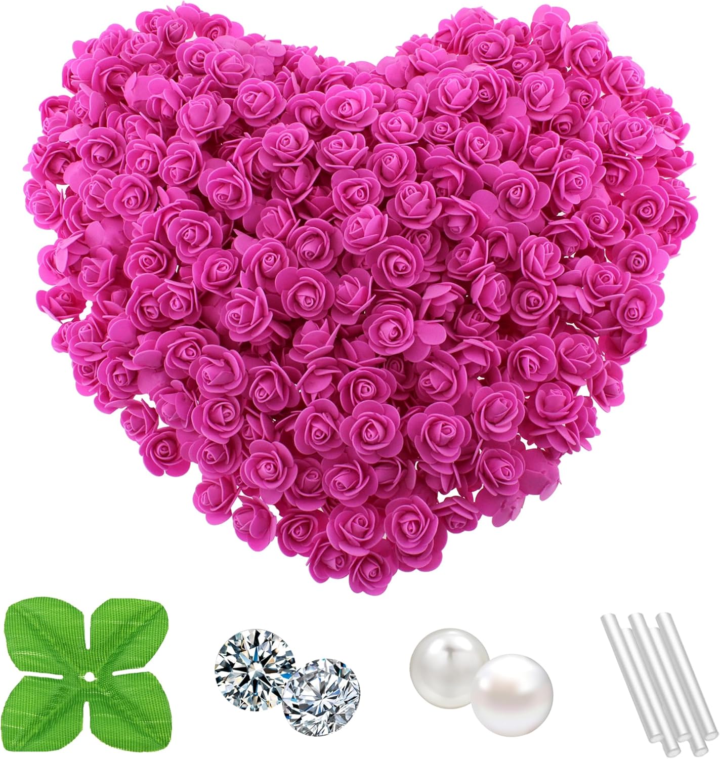 500 Pcs 1.4 Inch Mini Artificial Flowers Head Bulk 5 in 1 Set Faux Foam Fake Small Rose Tiny Baby Flores Bouquet Cake Gift Home Decoration DIY Craft (Hot Pink)