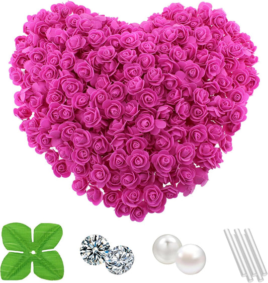 500 Pcs 1.4 Inch Mini Artificial Flowers Head Bulk 5 in 1 Set Faux Foam Fake Small Rose Tiny Baby Flores Bouquet Cake Gift Home Decoration DIY Craft (Hot Pink)