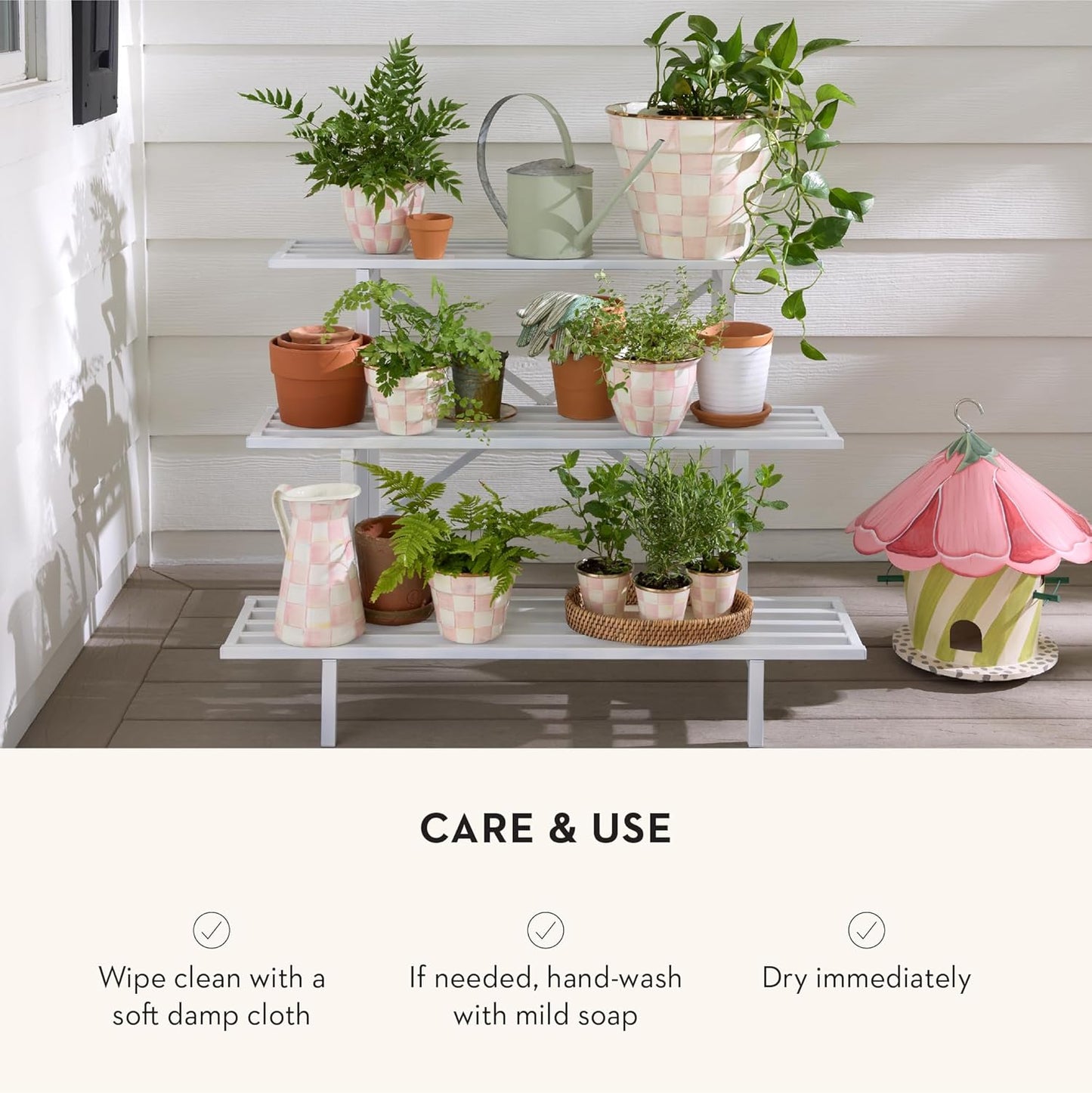 MACKENZIE-CHILDS Enamel Garden Pot, Decorative Pot for Plants, Outdoor Flowerpot Decor, Extra Large, Pink-and-White Rosy Check