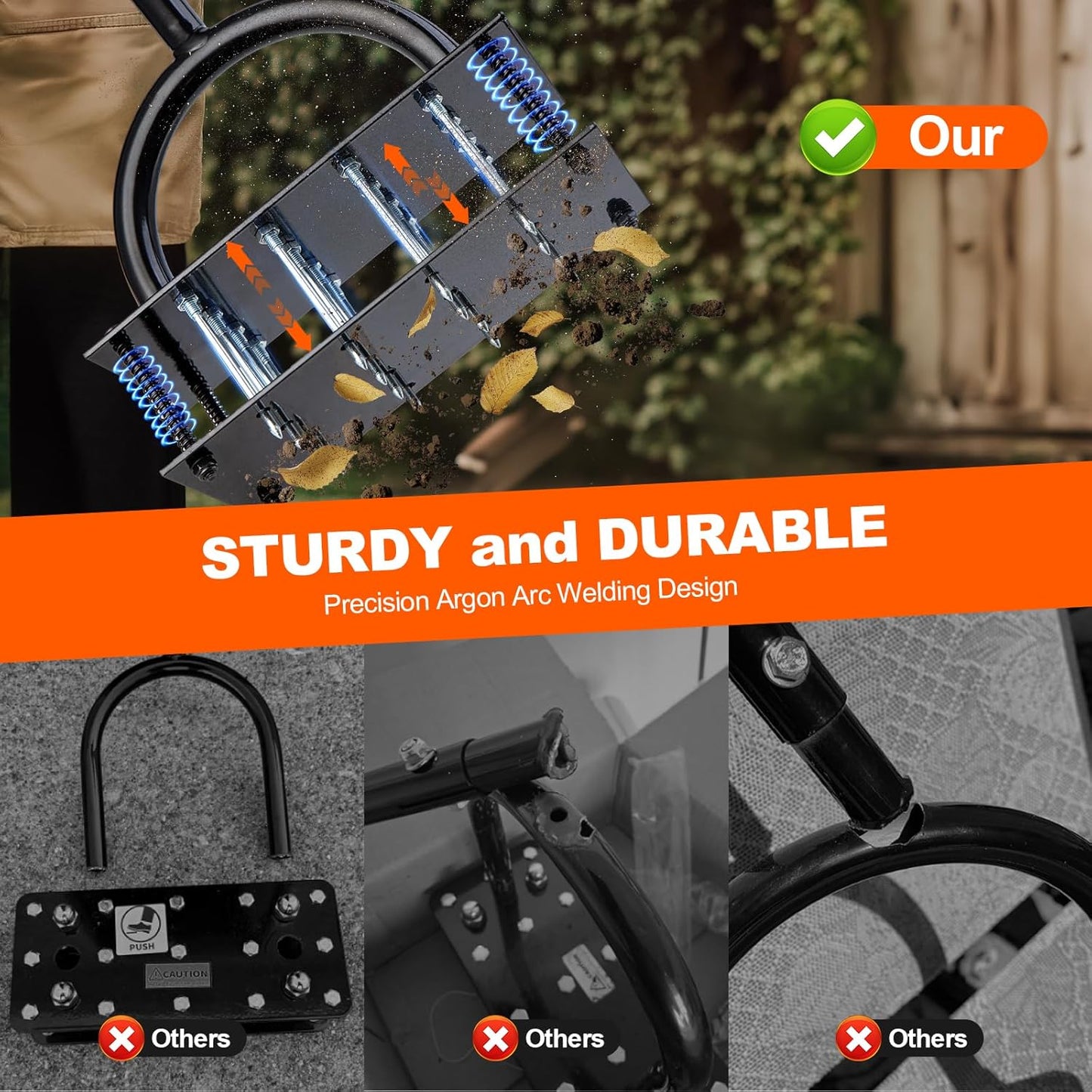 Bluesea Lawn Aerator Tool - 16 Iron Spikes with Ergonomic T-Handle, Automatic Dirt Clean for Soil Loosening & Yard Aeration, Manual Metal Grass Aerator (Black - Orange)