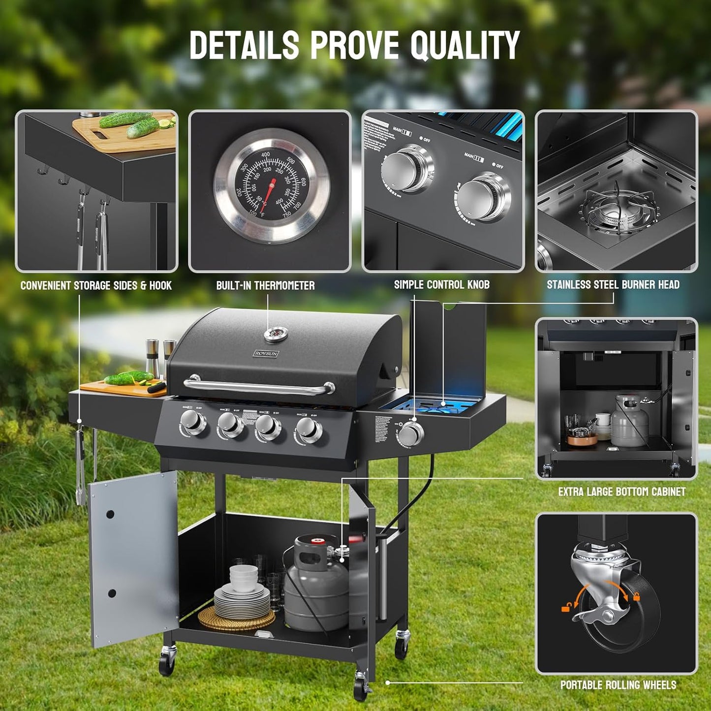 ROVSUN 4 Burner Propane Gas Grill with Side Burner, 58,000BTU BBQ Grills with Enameled Cast Iron Grates, Shelf & Cabinet for Outdoor Garden Patio Backyard Barbecue Cooking