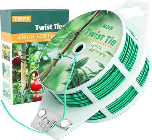 YMHB Twist Ties, 656Feet (200m) Green Garden Plant Ties with Cutter, Green Twist Ties for Gardening Tomatoes Vines Tie Garden Ties, Plant Support and Office Home Cable Organizing