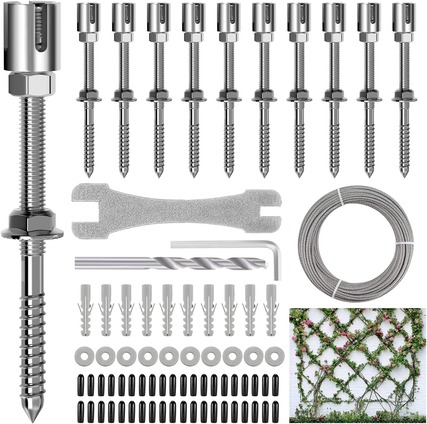 Professional T316 Stainless Steel Wire Trellis Kit for Climbing Plants Outdoor, Heavy Duty Plant Support System (53Ft x 1/8"), Garden Wire Grid Espalier Trellis Kit with Rust Proof Design