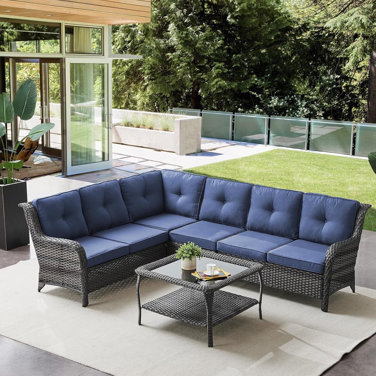 Outdoor Furniture Sectional Sofa L Shaped Couch - Patio Wicker Furniture Set with Coffee Table, 3 Piece Rattan Patio Conversation Sets with Blue Cushion for Deck Backyard Sunroom