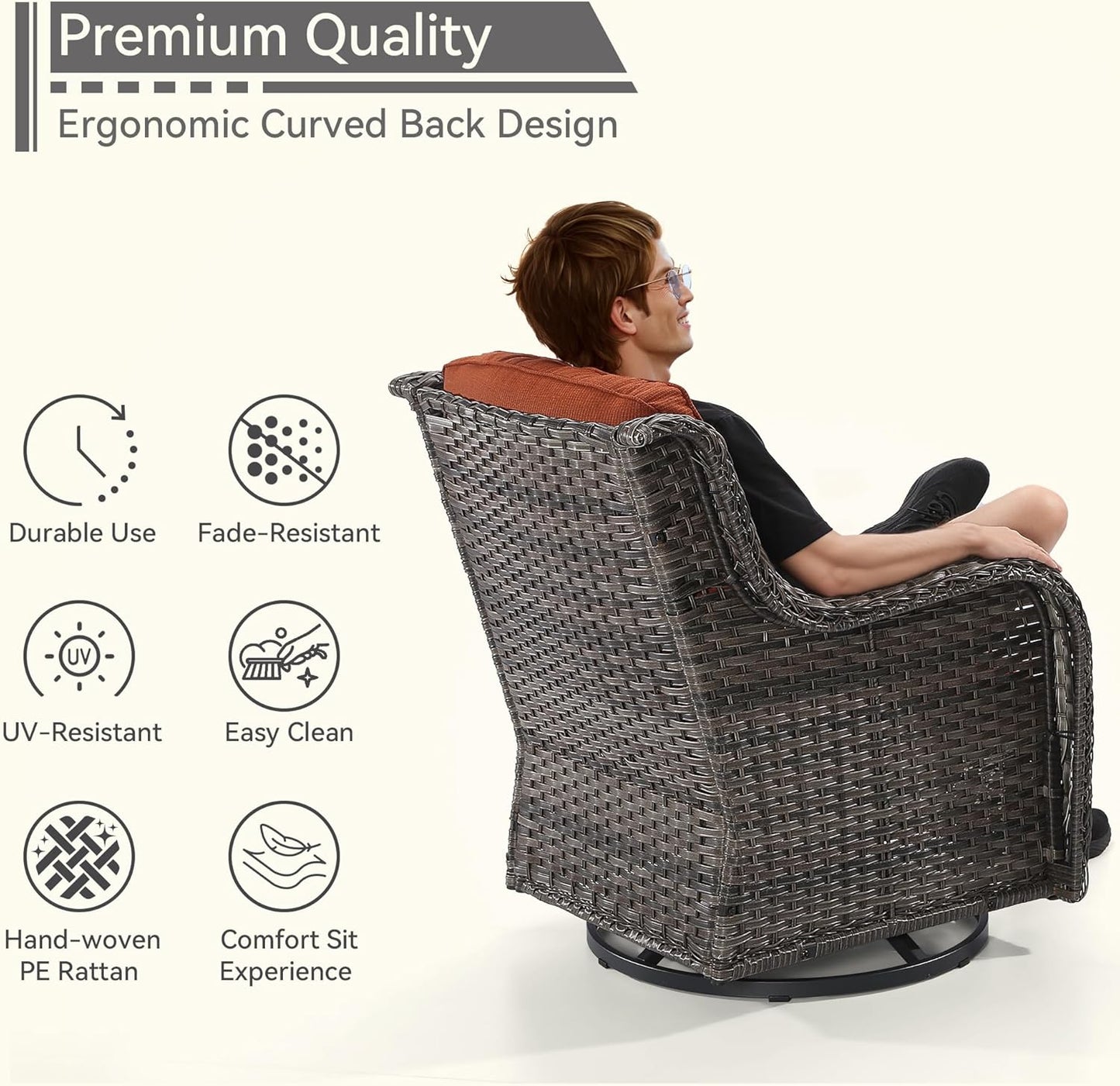 Outdoor Swivel Rocker Patio Chair - Outdoor Wicker Patio Chair with Olefin Fabric Cushions, Suitable for Backyard Deck and Porch, Orange
