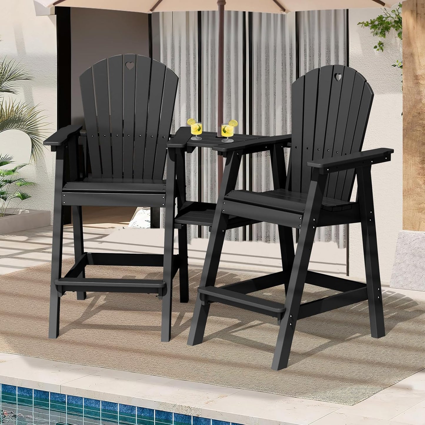 Tall Adirondack Chairs Set of 2-Durable HDPE Outdoor Bar Stools with Double Connecting Tray, Weatherproof Patio Furniture for Poolside, Backyard, Deck & Lawn Relaxation (Black)