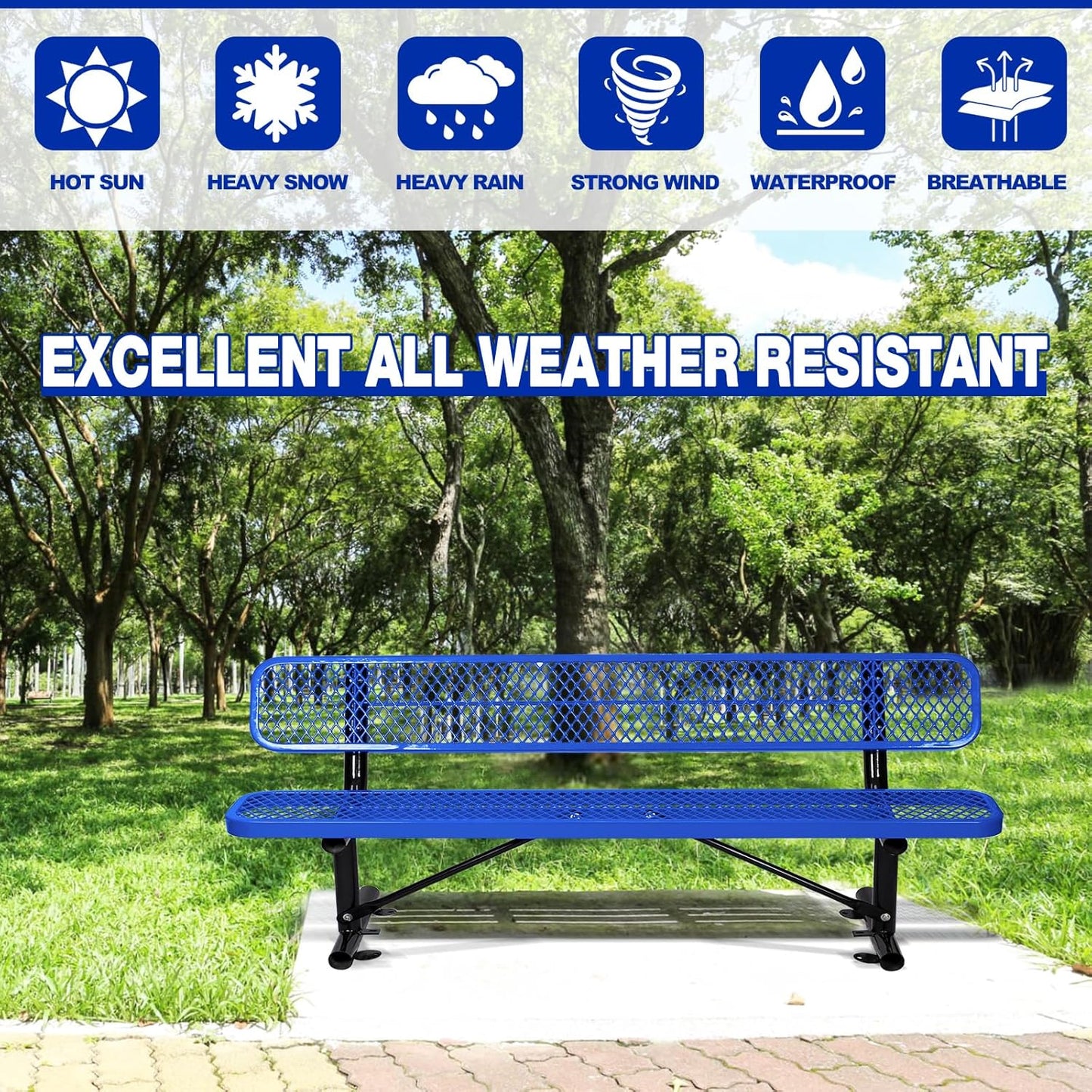 Drexo 8FT Heavy Duty Park Bench with Back Portable Frame, Outdoor Metal Park Bench with Backrest, Steel Mesh Outdoor Bench for Garden, Lawn, Patio, Porch, Park, Yard, Blue
