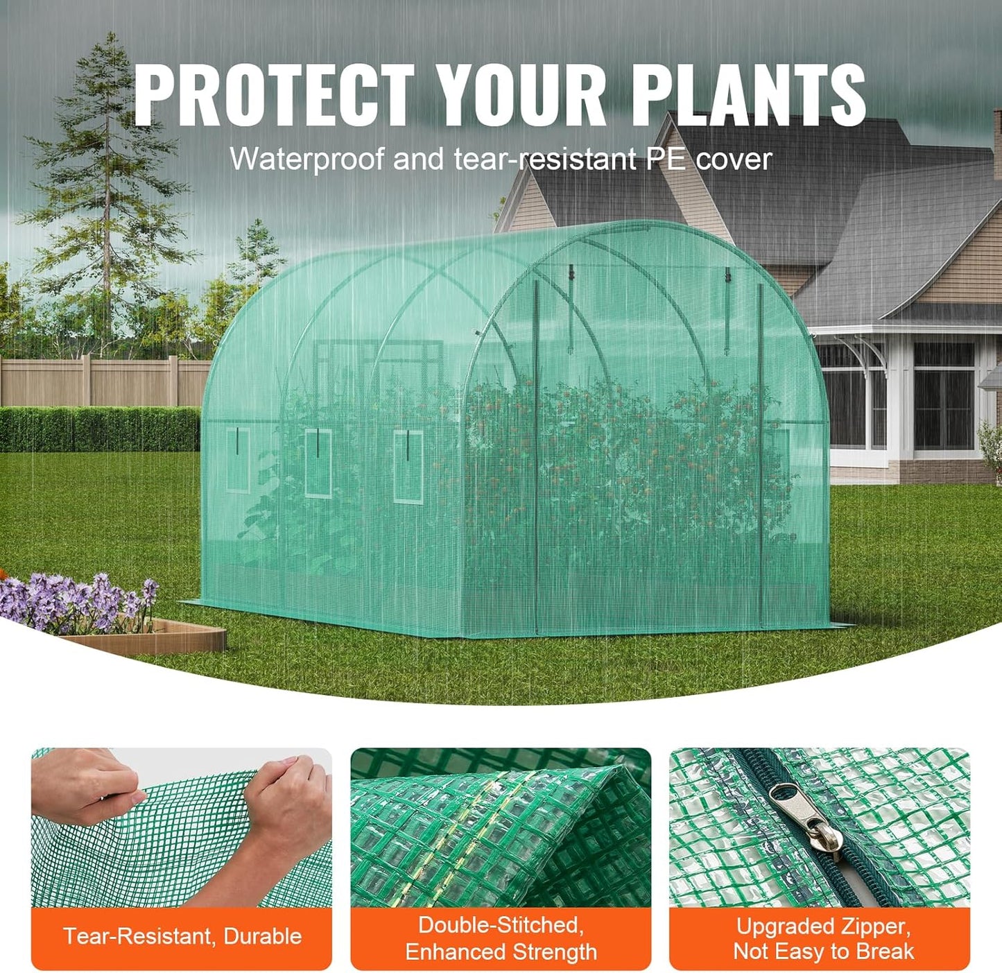 VEVOR Walk-in Tunnel Greenhouse, 11.3x6.4x6.3 ft Hoop House Greenhouse Tunnel, Plant Hot House with Galvanized Steel Frame, Green PE Cover, Roll-up Zipper Door and 6 Windows for Outdoor