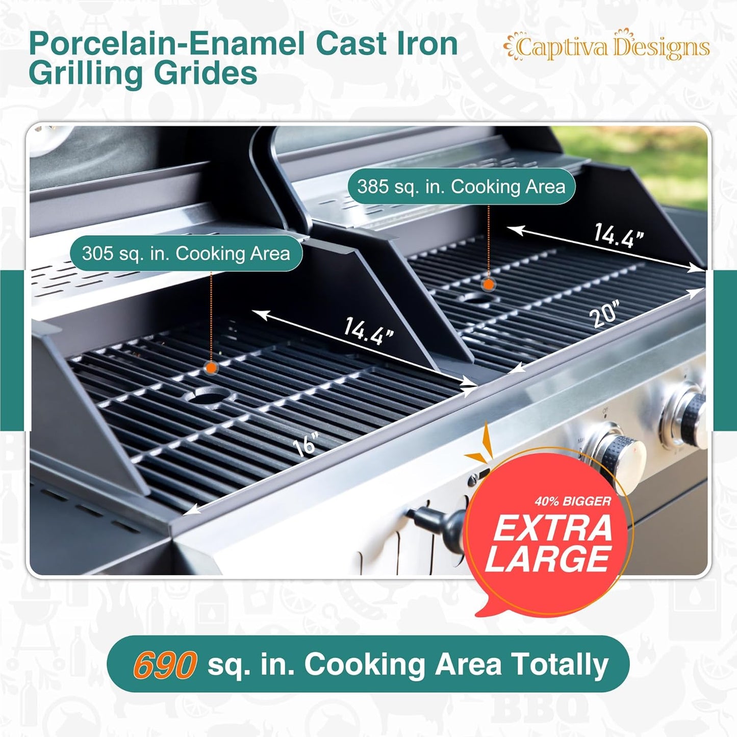 Captiva Designs Propane Gas Grill and Charcoal Grill Combo with Side Burner & Porcelain-Enameled Cast Iron Grate, Dual Fuel BBQ Grill for Outdoor Events & Backyard Barbecue, 690 SQIN Cooking Area