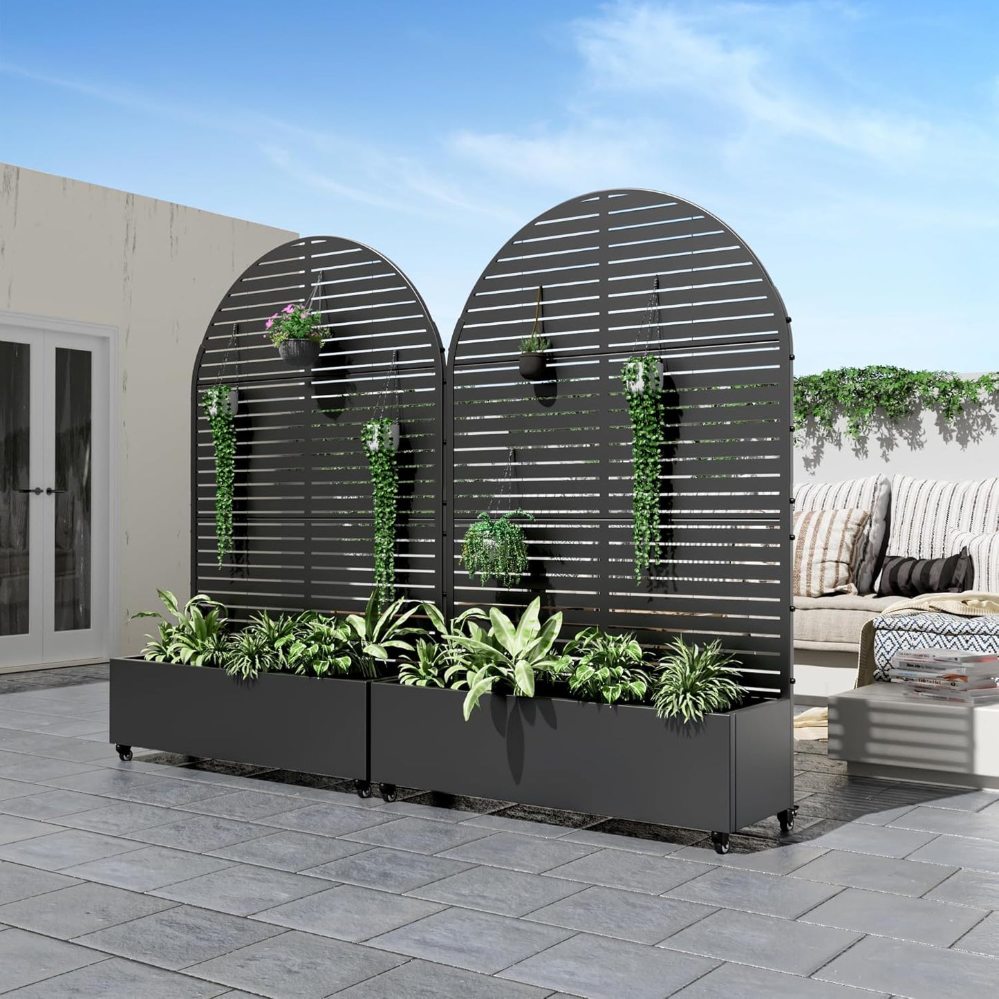 Casaphoria Metal Raised Garden Bed with Trellis and Wheels, 72"x35"x16" Arched Planter Box for Climbing Plants, Vegetables & Vines, Features Drainage Holes and Privacy Screen (Black-Louvered)